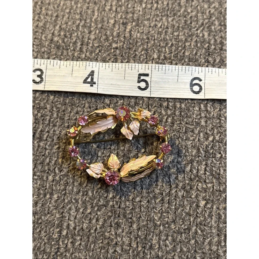 Vintage Pink Flower Wreath Brooch Pin Gold Tone Rhinestone Austria